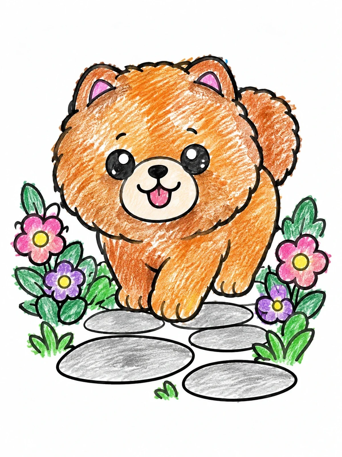 Colored example of the Cute Chow Chow Puppy In Garden coloring page
