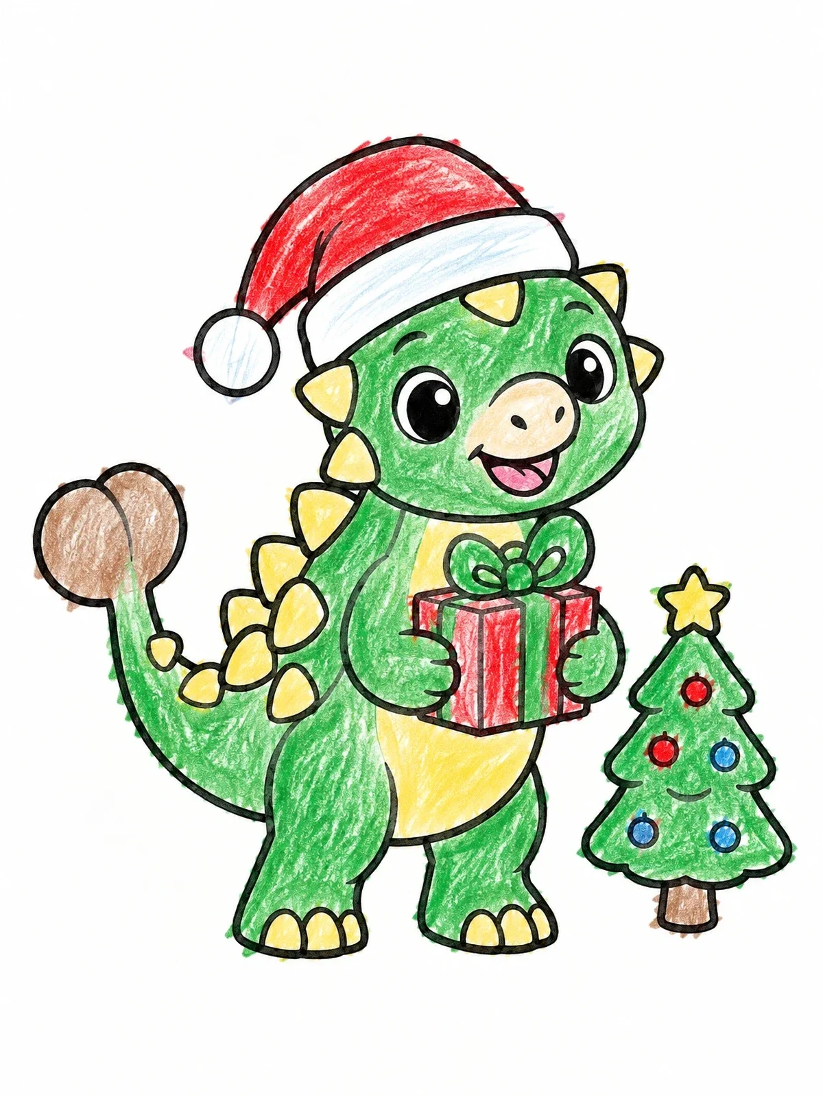Colored example of the Cute Ankylosaurus Celebrating Christmas coloring page
