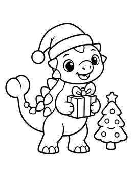 An adorable ankylosaurus coloring page with a Santa hat holding a Christmas present.