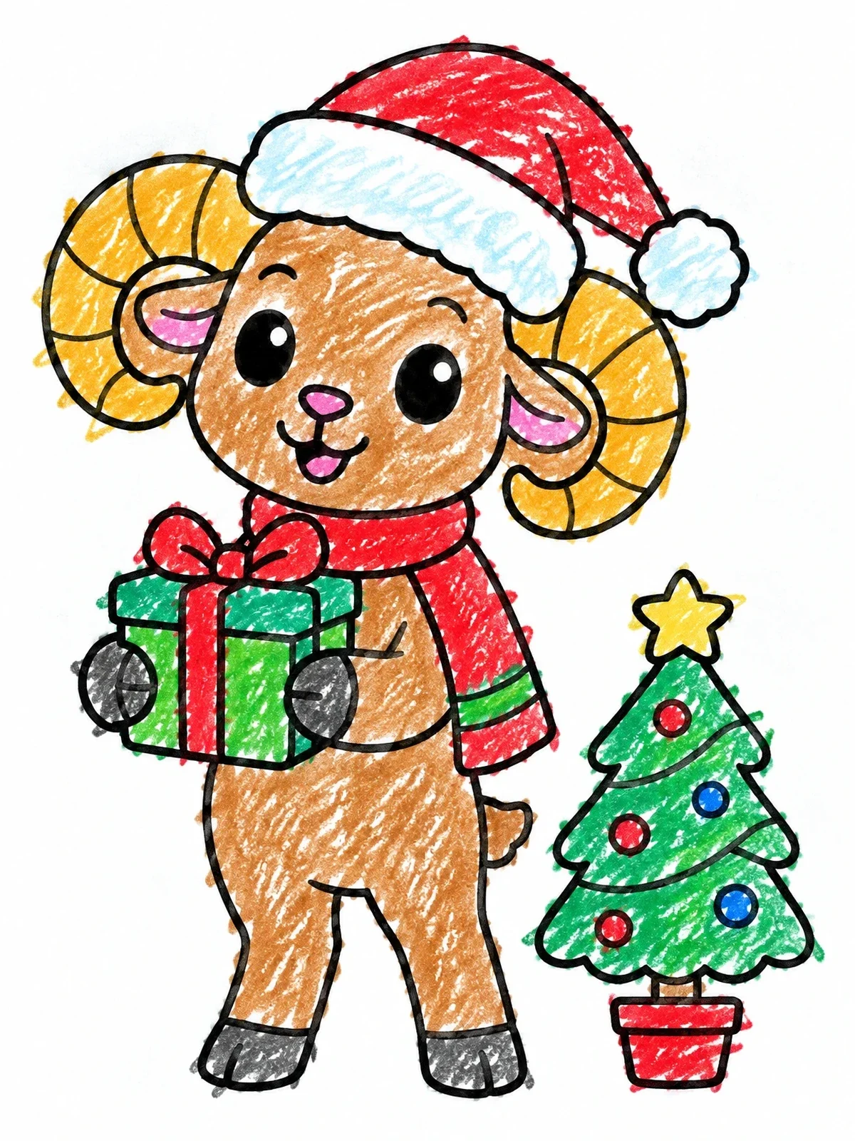 Colored example of the Cute Aries Ram Celebrating Christmas coloring page