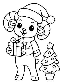 Free printable Cute Aries Ram Celebrating Christmas coloring page