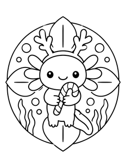 A cute axolotl coloring page with reindeer antlers holding a candy cane.