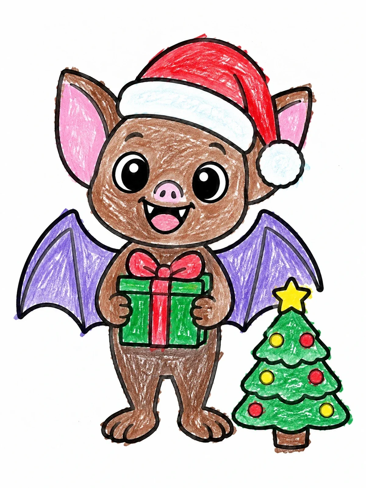Colored example of the Cute Christmas Bat With Gift coloring page