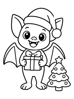 A cheerful cartoon bat coloring page featuring a Santa hat, a gift box, and a mini Christmas tree.