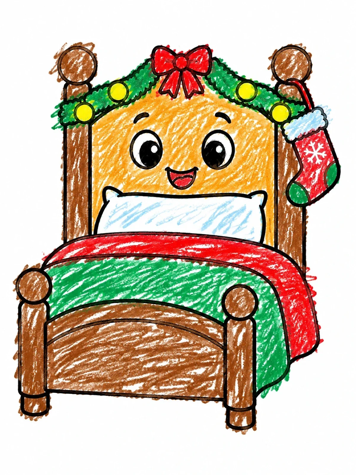 Colored example of the Cute Christmas Bed With Stocking coloring page