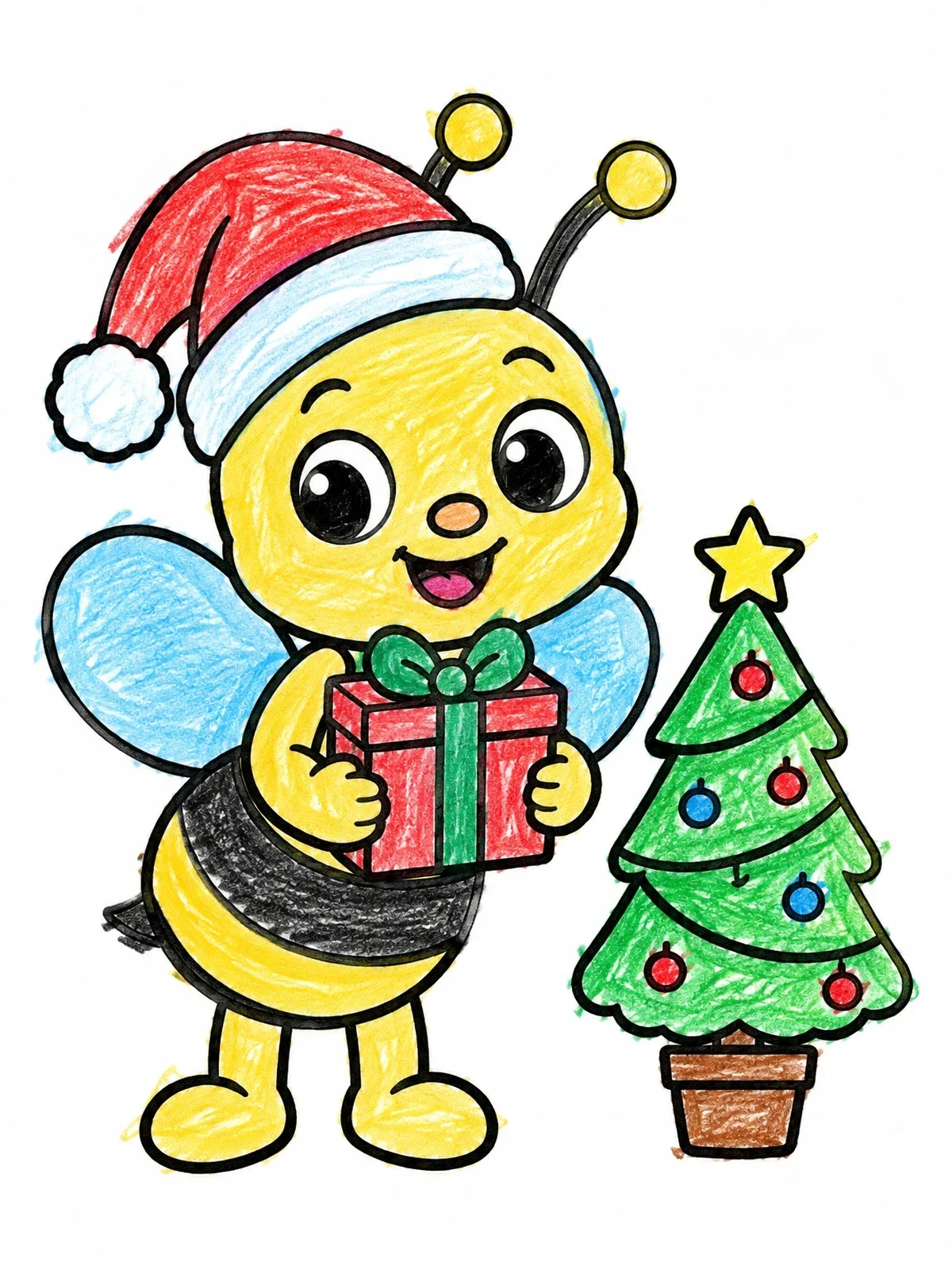 Colored example of the Cute Christmas Bee With Gift coloring page