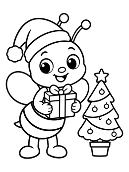 A cute bee coloring page featuring a Santa hat, wrapped present, and tiny Christmas tree.
