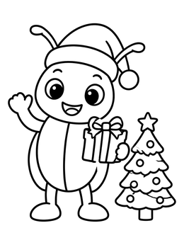 A cheerful beetle coloring page showing a bug in a Santa hat holding a gift near a tree.