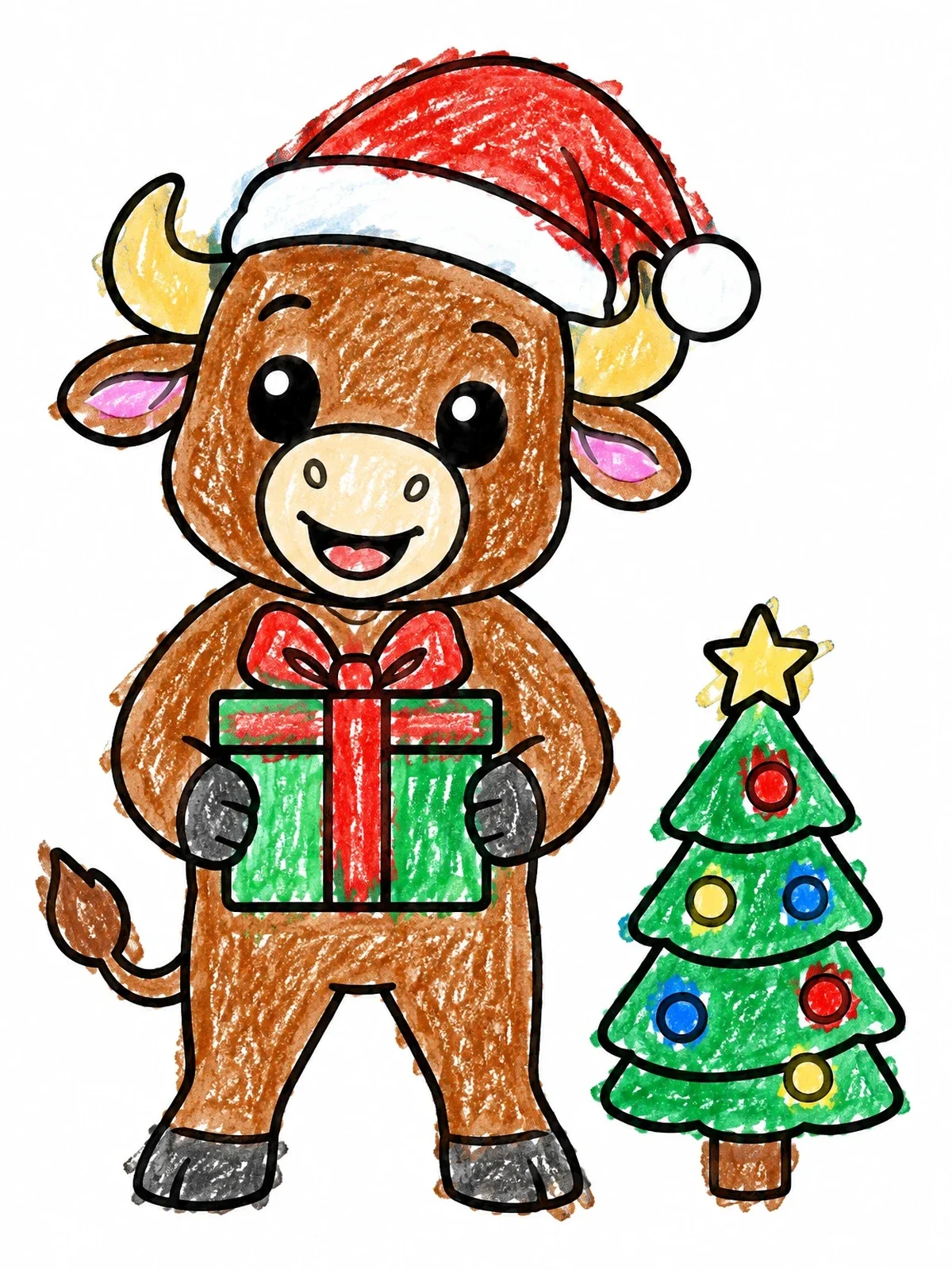 Colored example of the Cute Christmas Bull With Gift coloring page