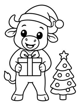 A cheerful cartoon bull coloring page wearing a Santa hat beside a tree.