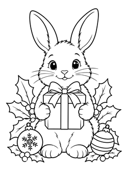 An adorable christmas bunny coloring page featuring a rabbit holding a holiday gift with ornaments and holly.