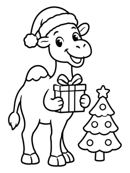 A cheerful camel wearing a Santa hat holds a gift on this camel coloring page.