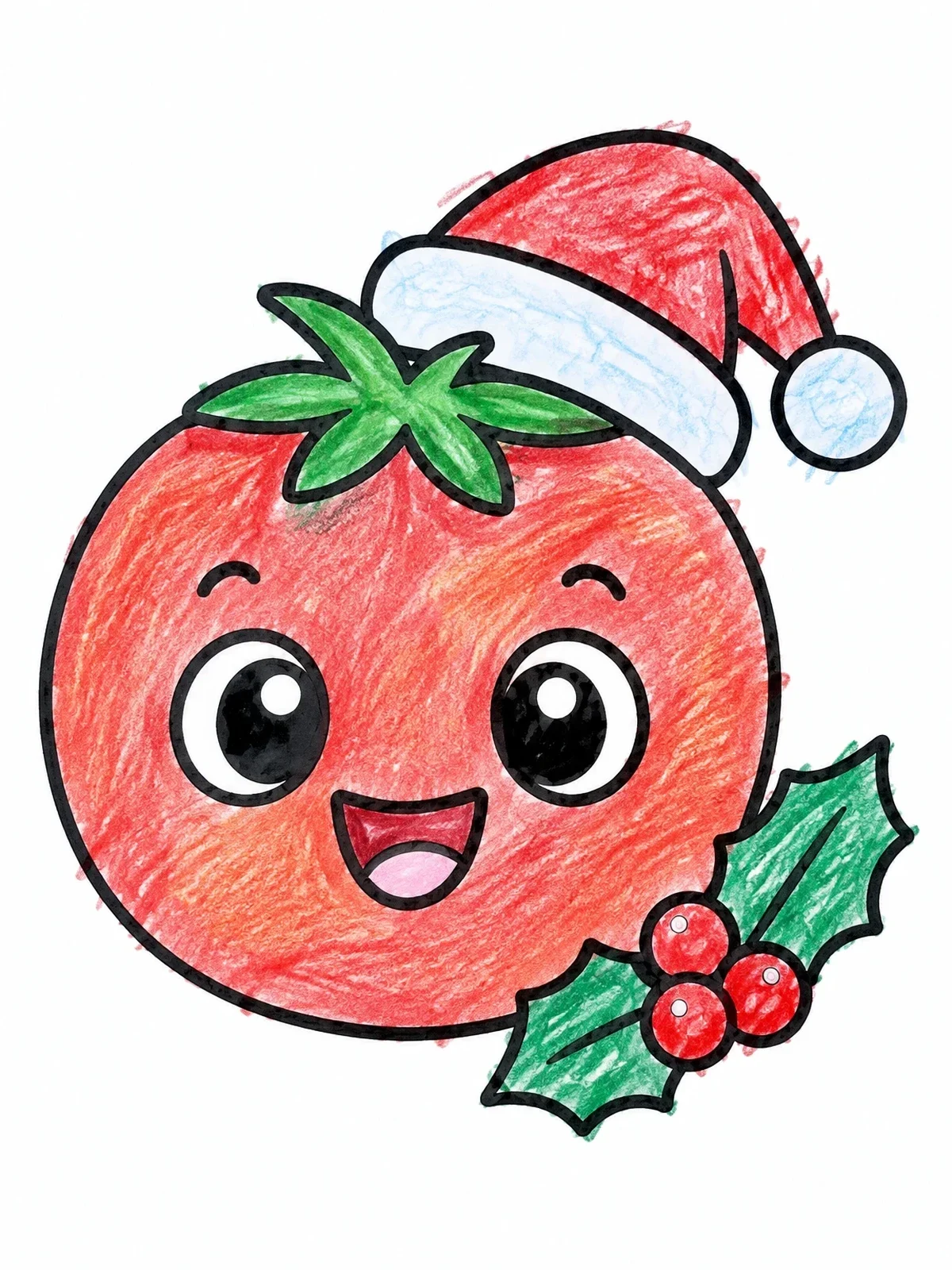 Colored example of the Cute Christmas Cartoon Tomato coloring page