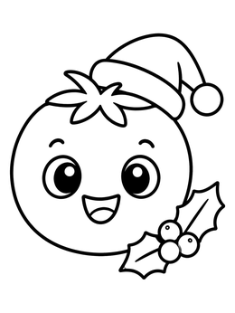 A cheerful cartoon tomato coloring page with a Santa hat and holly leaves.