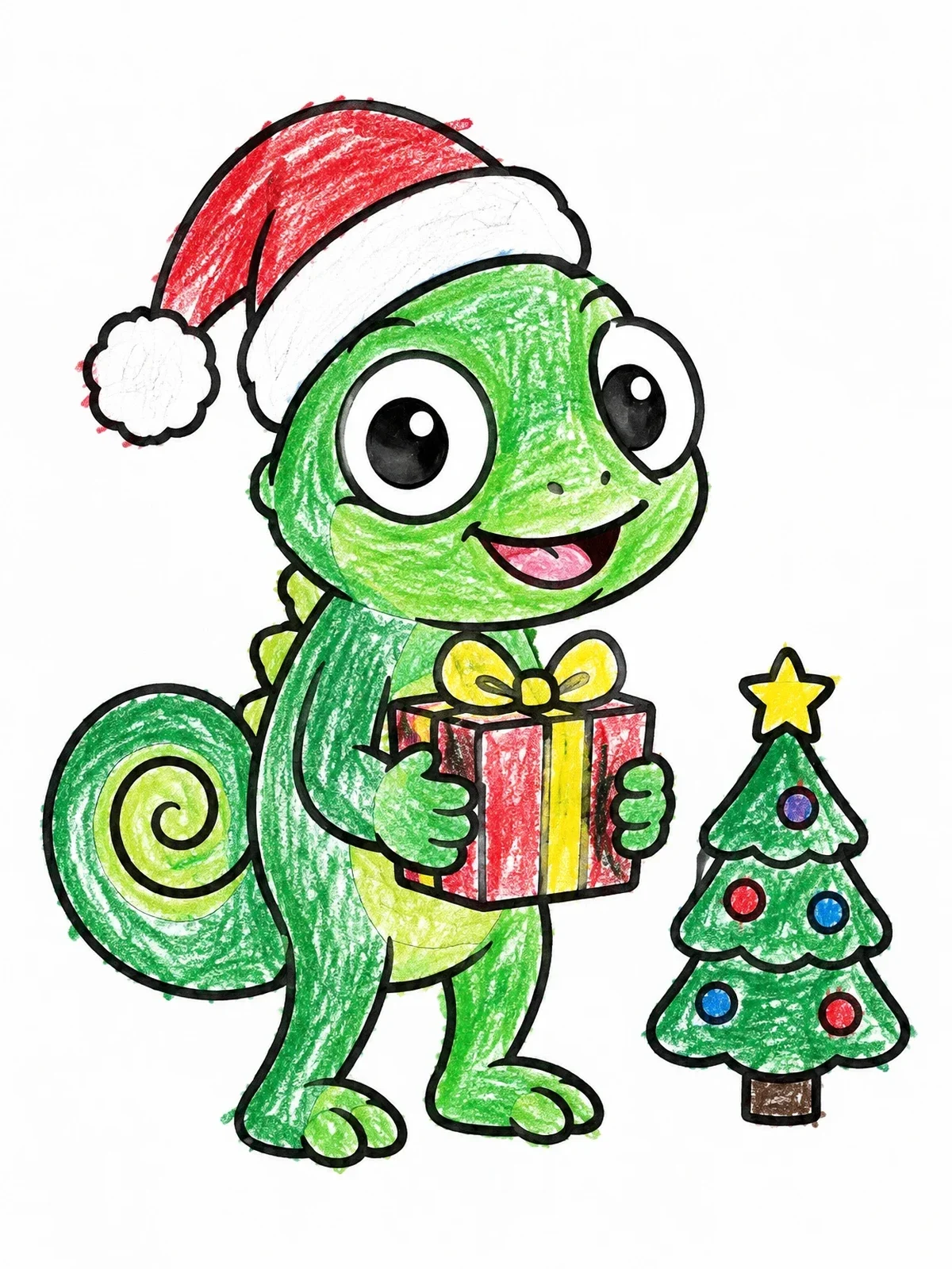 Colored example of the Cute Christmas Chameleon With Gift coloring page