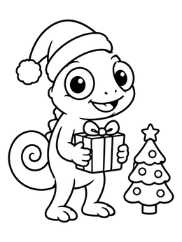 A cute chameleon coloring page with a Santa hat, present, and small Christmas tree.