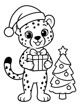 A festive cheetah coloring page with a Santa hat holding a gift next to a tree.