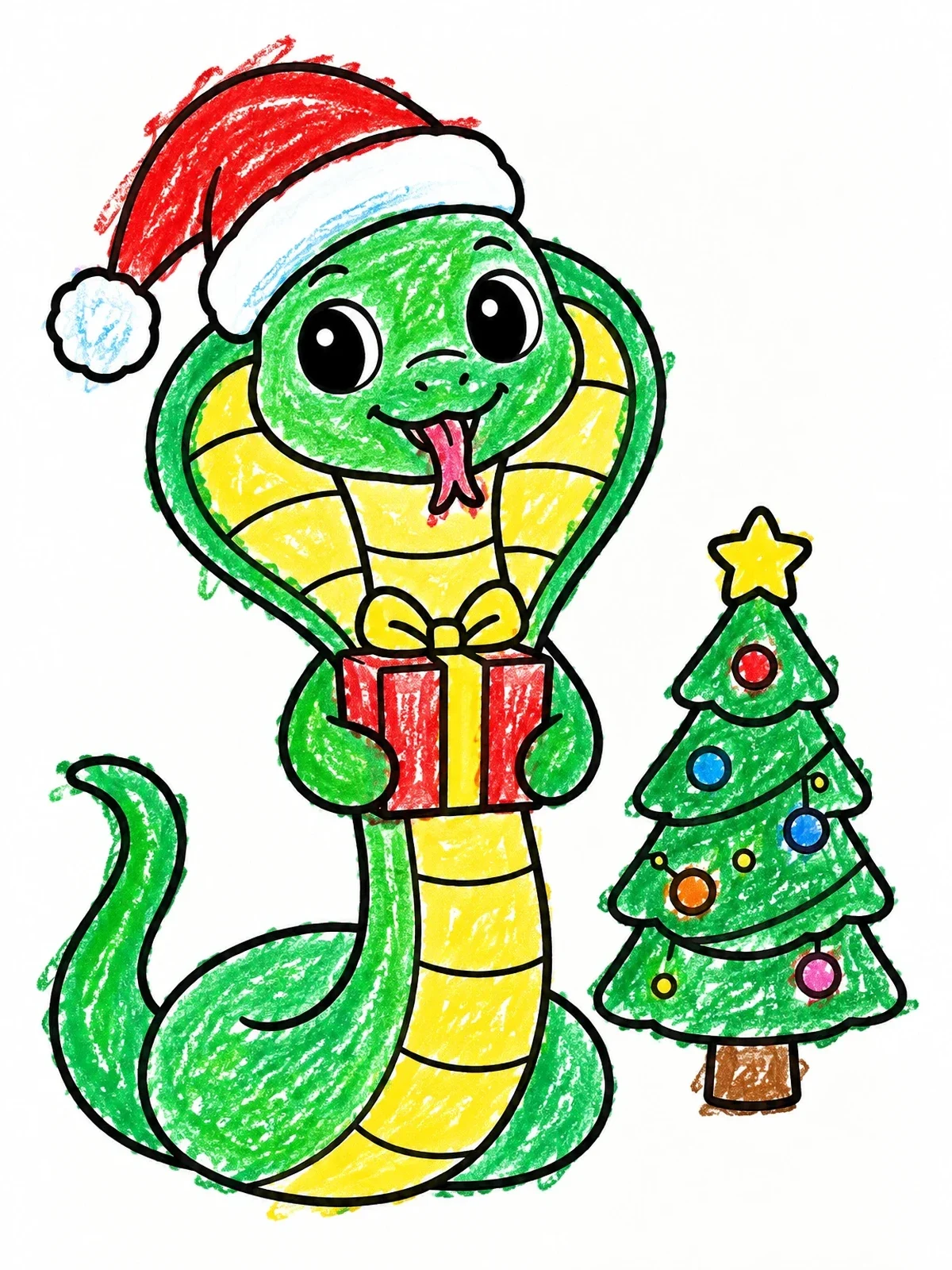 Colored example of the Cute Christmas Cobra With Present coloring page