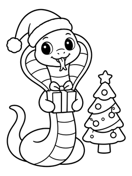 A festive cobra coloring page featuring a cute snake wearing a Santa hat beside a Christmas tree.