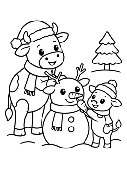 A cheerful christmas cow coloring page showing calves decorating a snowman outside.