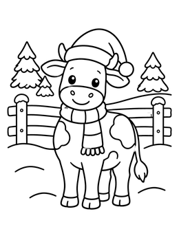 Free printable Cute Christmas Cow On Snowy Farm coloring page