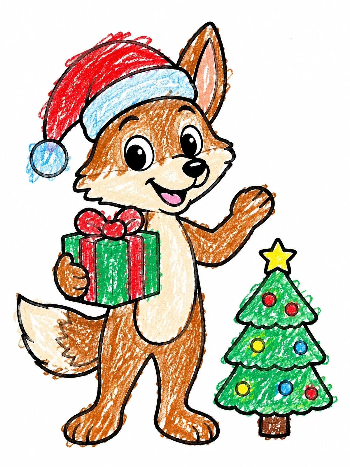 Colored example of the Cute Christmas Coyote With Gift coloring page