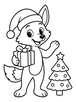 Free printable Cute Christmas Coyote With Gift coloring page