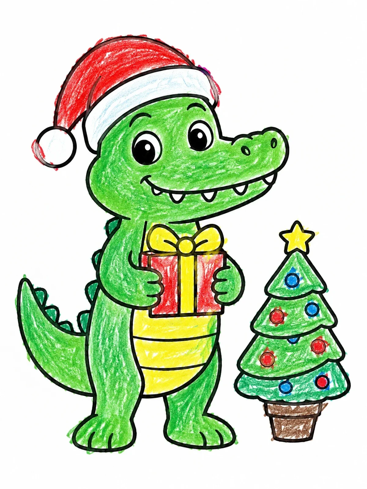 Colored example of the Cute Crocodile Celebrating Christmas coloring page