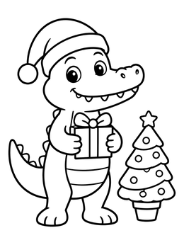 A festive crocodile coloring page featuring a happy croc holding a gift by a Christmas tree.