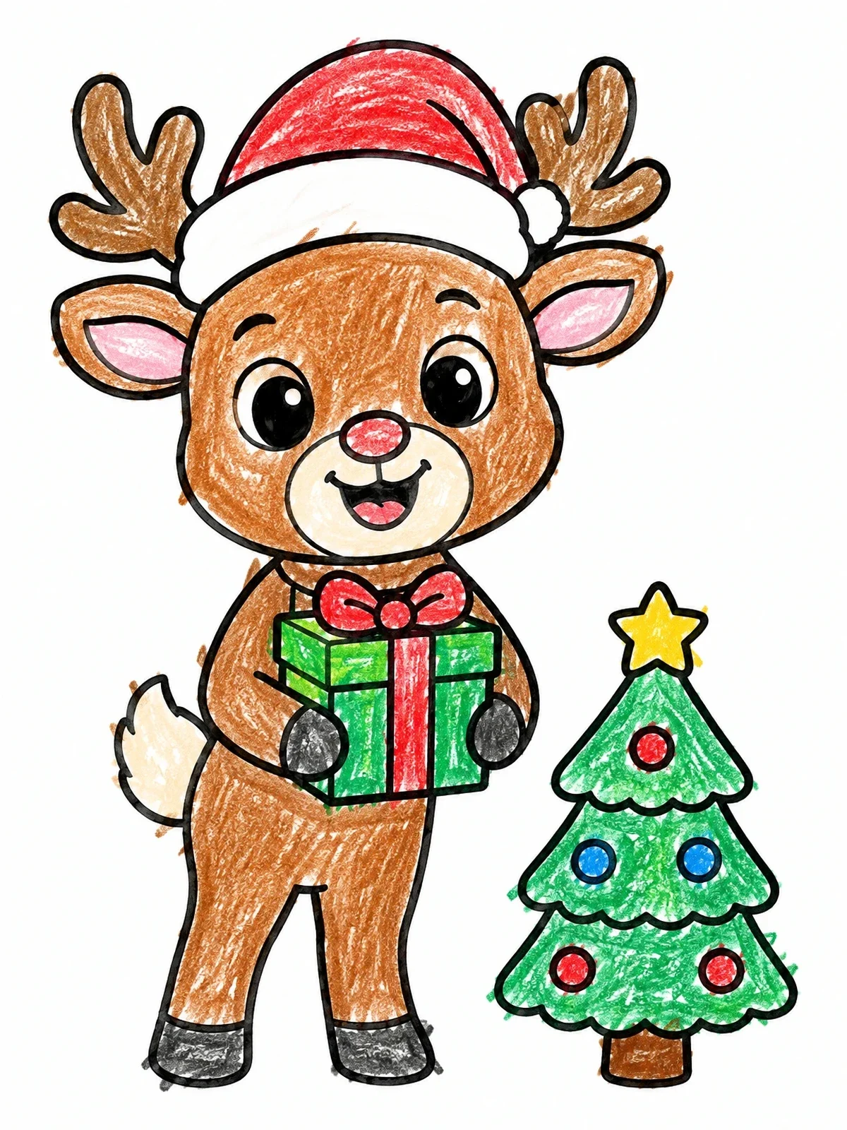 Colored example of the Cute Deer With Christmas Gift coloring page
