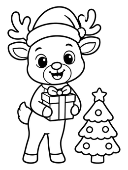 A cheerful deer coloring page with a Santa hat holding a gift by a tree.