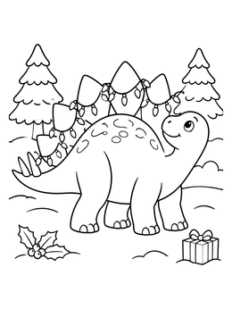 A cute christmas dinosaur coloring page featuring a stegosaurus decorated with festive string lights in the snow.