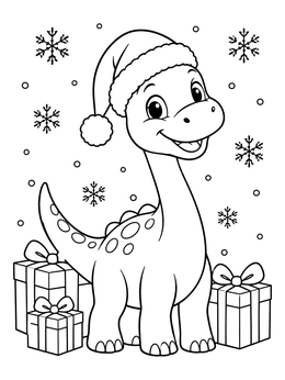 A cute cartoon christmas dinosaur coloring page with presents, Santa hat, and falling snowflakes.
