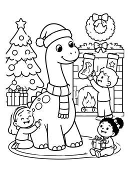 Kids by a fireplace with this christmas dinosaur coloring page.