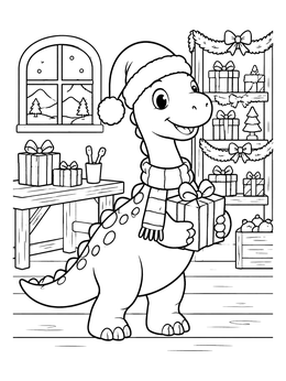 Free printable Little Dinosaur In Santa Workshop coloring page
