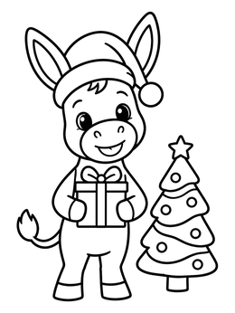 A cheerful holiday donkey coloring page featuring a Santa hat, wrapped present, and tree.