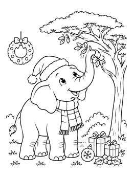 Free printable Cute Festive Elephant By The Tree coloring page