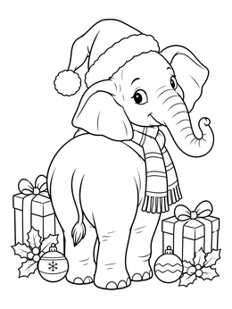 A cheerful baby elephant in a Santa hat on this christmas elephant coloring page.