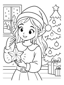 A sweet elf coloring page featuring a girl holding a star ornament near a Christmas tree.