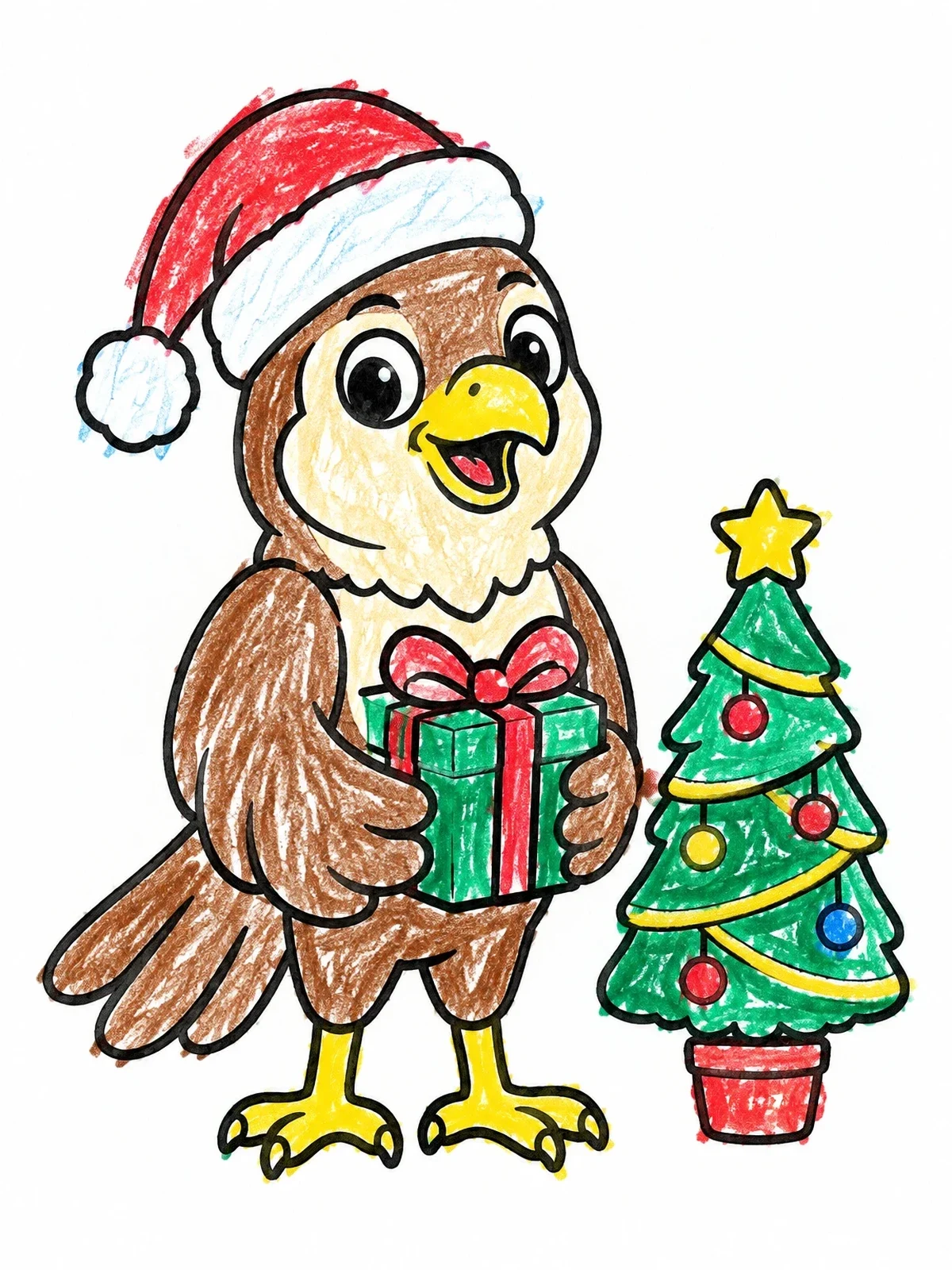 Colored example of the Cute Falcon Celebrating Christmas coloring page