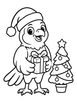 A festive falcon coloring page with a bird holding a gift next to a Christmas tree.