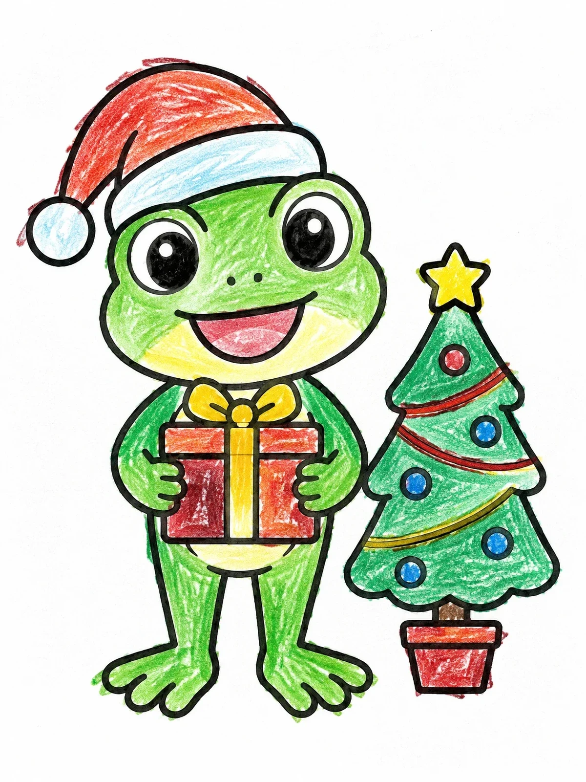 Colored example of the Cute Christmas Frog With Tree coloring page