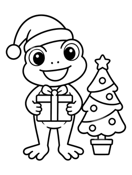 A cheerful frog coloring page featuring a Santa hat, wrapped gift, and decorated Christmas tree.