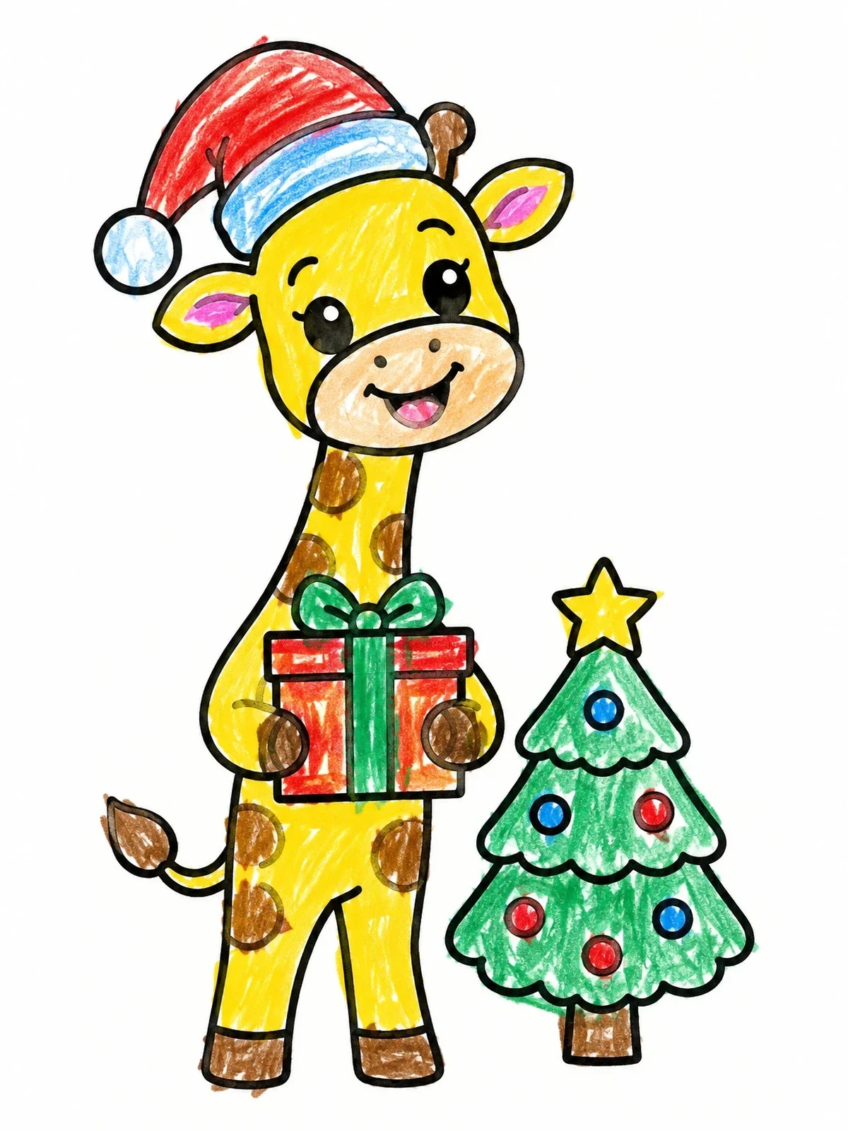 Colored example of the Cute Christmas Giraffe With Gift coloring page