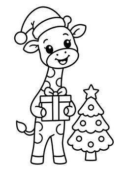A festive giraffe coloring page featuring a baby giraffe in a Santa hat holding a gift next to a tree.