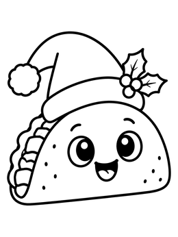 A cheerful cartoon taco coloring page featuring a Santa hat and holly leaves.