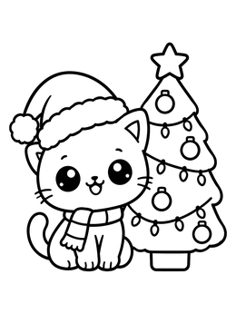 Free printable Cute Christmas Kitten By Tree coloring page