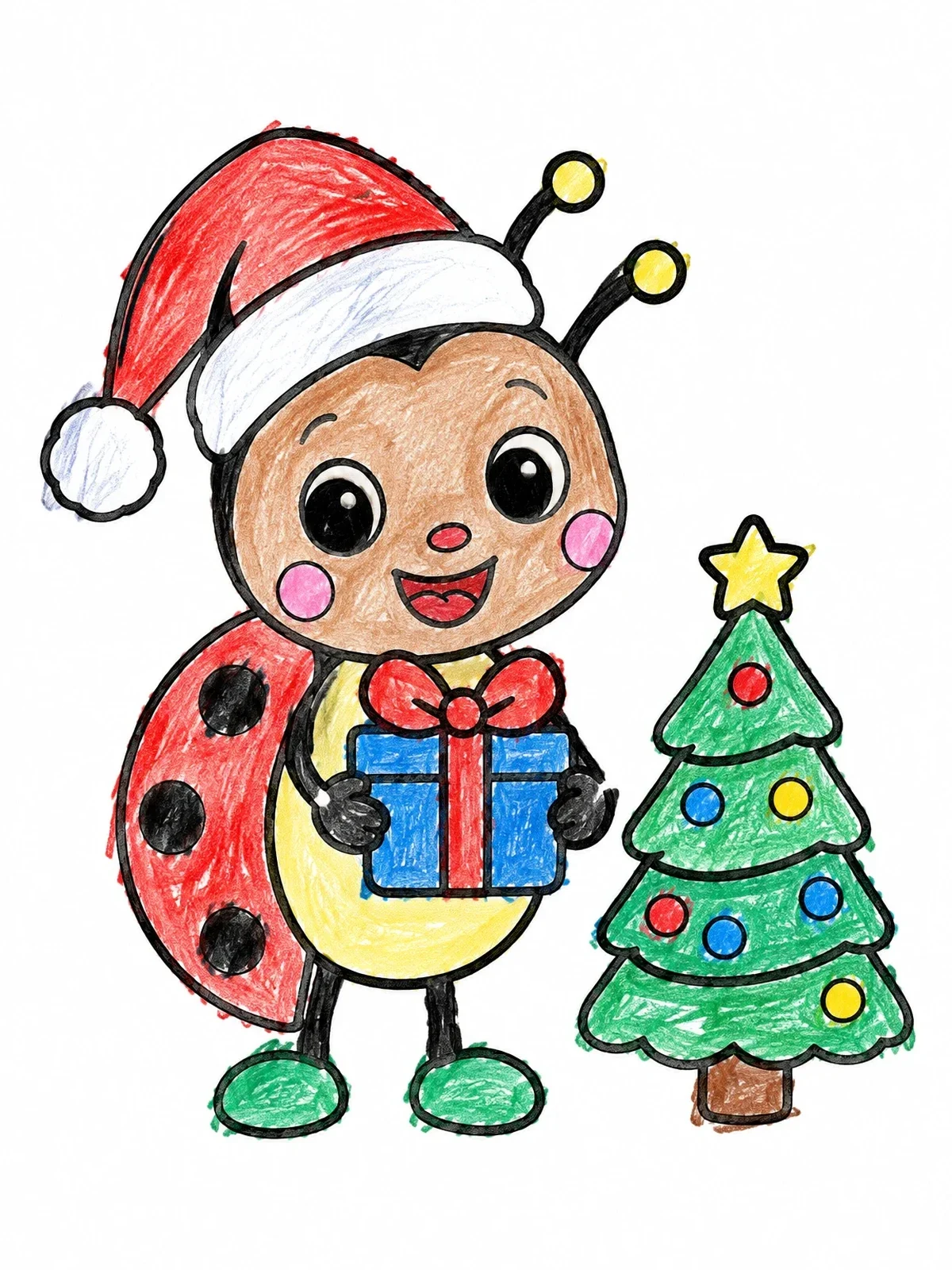 Colored example of the Cute Christmas Ladybug With Gift coloring page