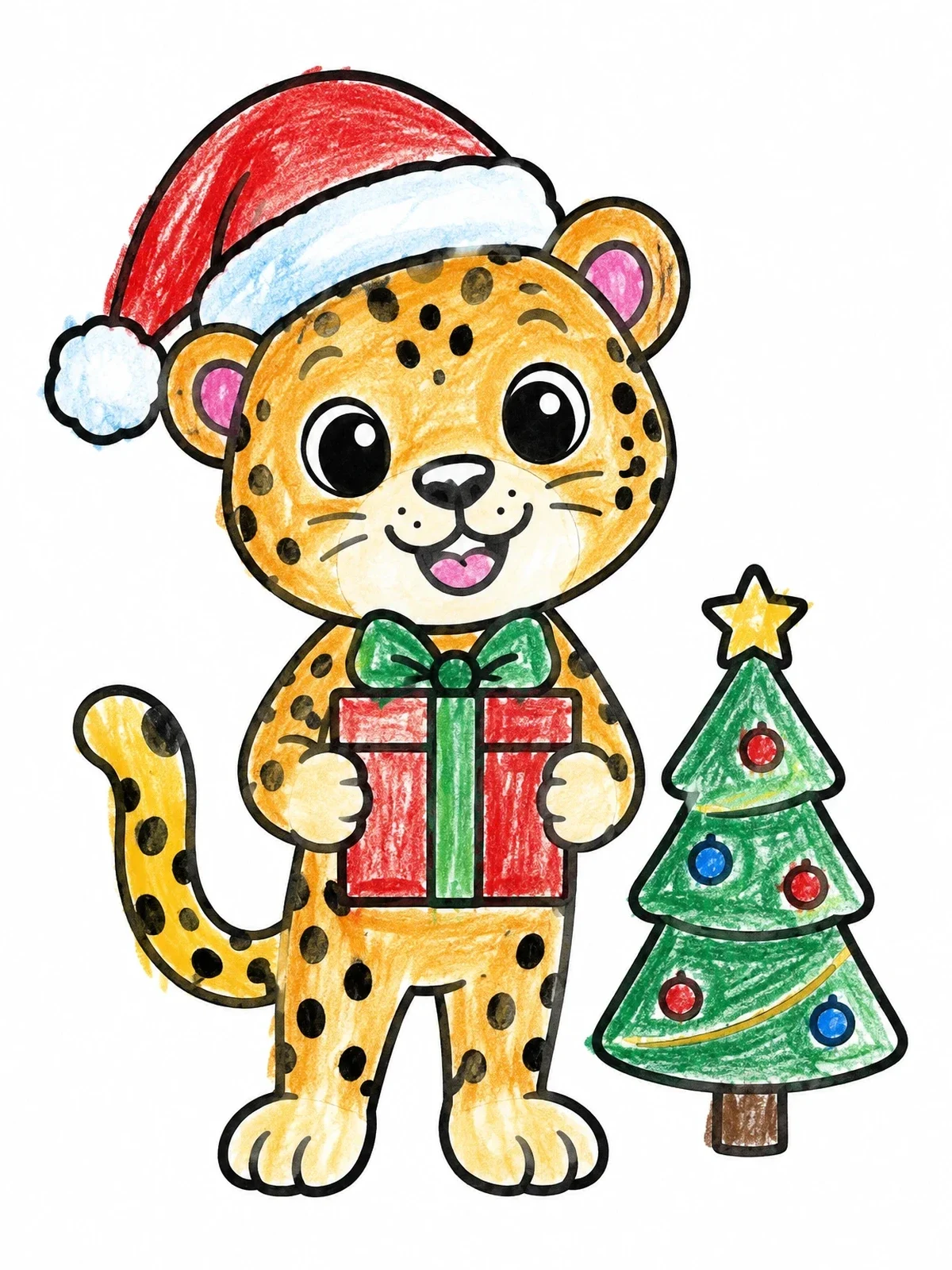 Colored example of the Cute Christmas Leopard With Gift coloring page