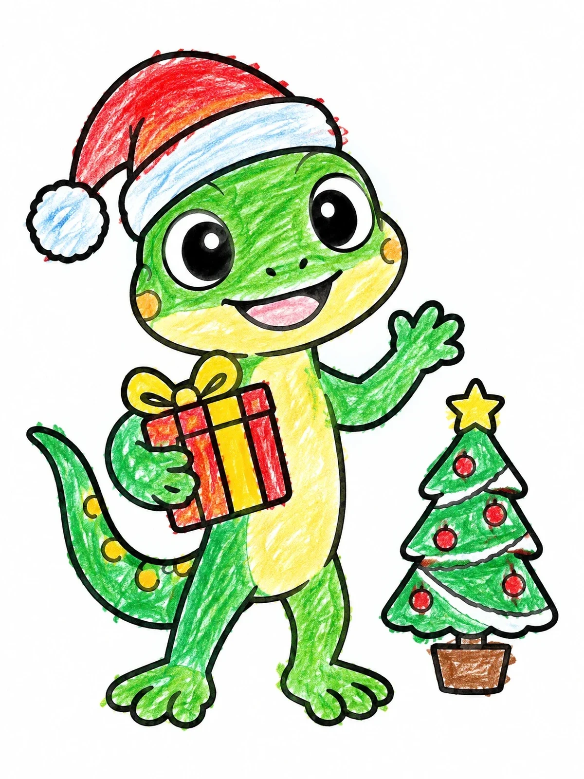 Colored example of the Cute Christmas Lizard With Gift coloring page